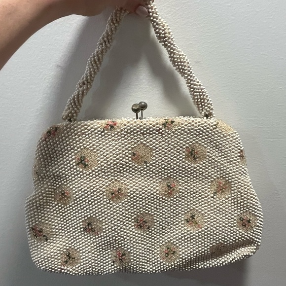 Vintage 50s lumured corde petite bead white pink floral handbag purse - Picture 4 of 6